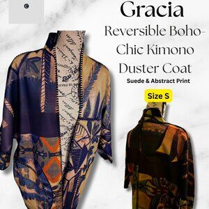 Reversible Boho-Chic Kimono Duster Coat – Suede & Abstract Print